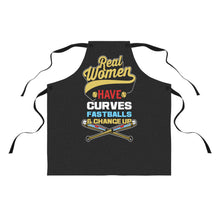 Load image into Gallery viewer, Real Women Have Curve Balls, a Fastball, and a Change-Up Kitchen Apron – Fun Cooking Apron for Softball &amp; Baseball Lovers
