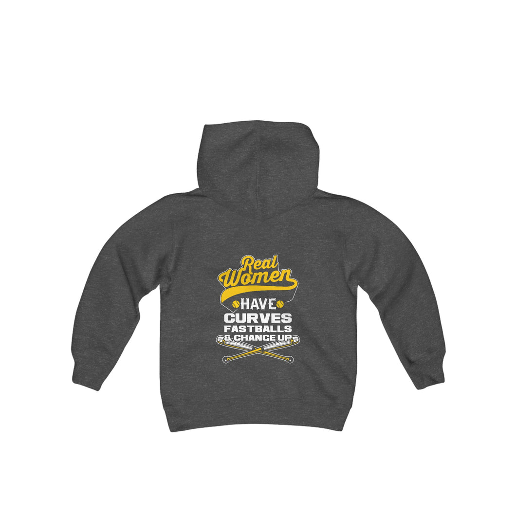 Real Women Have Curves, a Fastball, and a Change-Up Girls’ Hoodie Baseball Sweatshirt – Fun Hoodie for Young Athletes