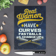 Load image into Gallery viewer, Real Women Have Curves Baseball Mom Tempered Glass Cutting Board Dishwasher Safe
