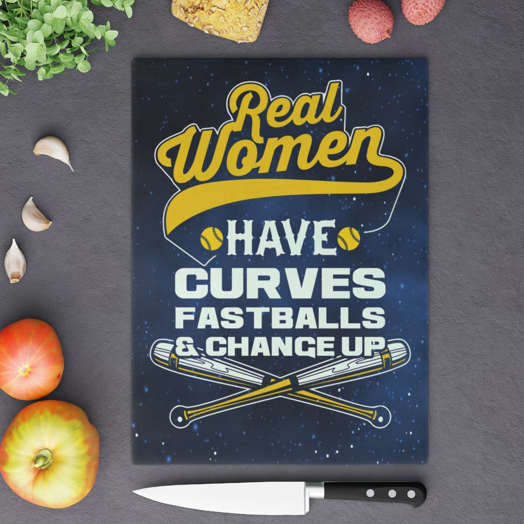 Real Women Have Curves Baseball Mom Tempered Glass Cutting Board Dishwasher Safe